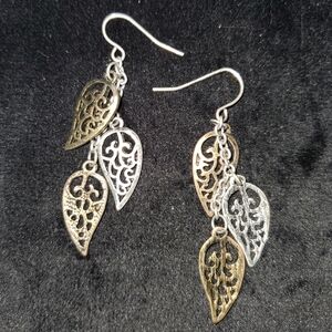 Silver & Gold Tone Leaf Dangle Earrings